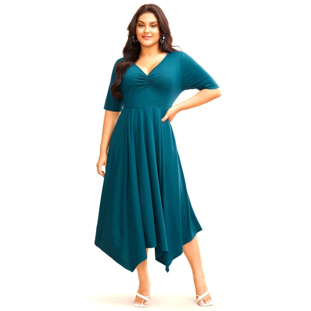 Dress: Solid Ruched Pocket Asymmetrical Hem, Plus